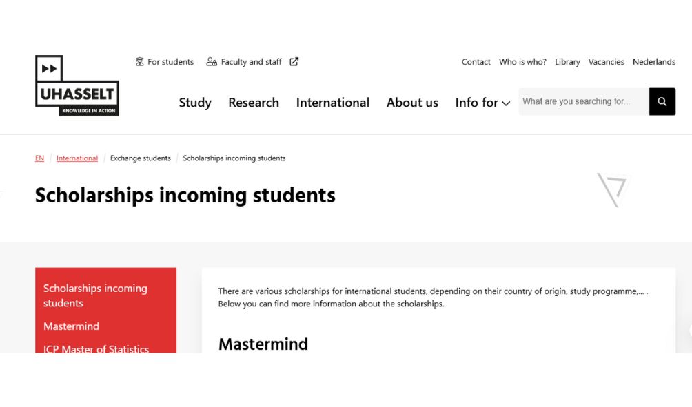 Hasselt University Master Mind Scholarship 2025
