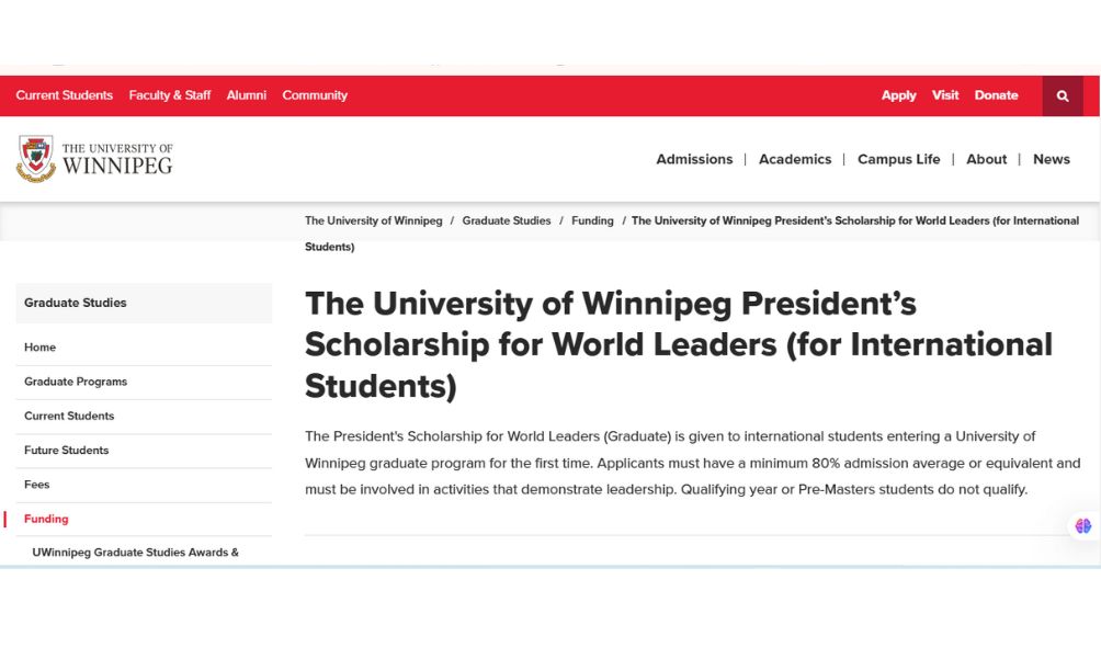 University of Winnipeg President Scholarship 2025