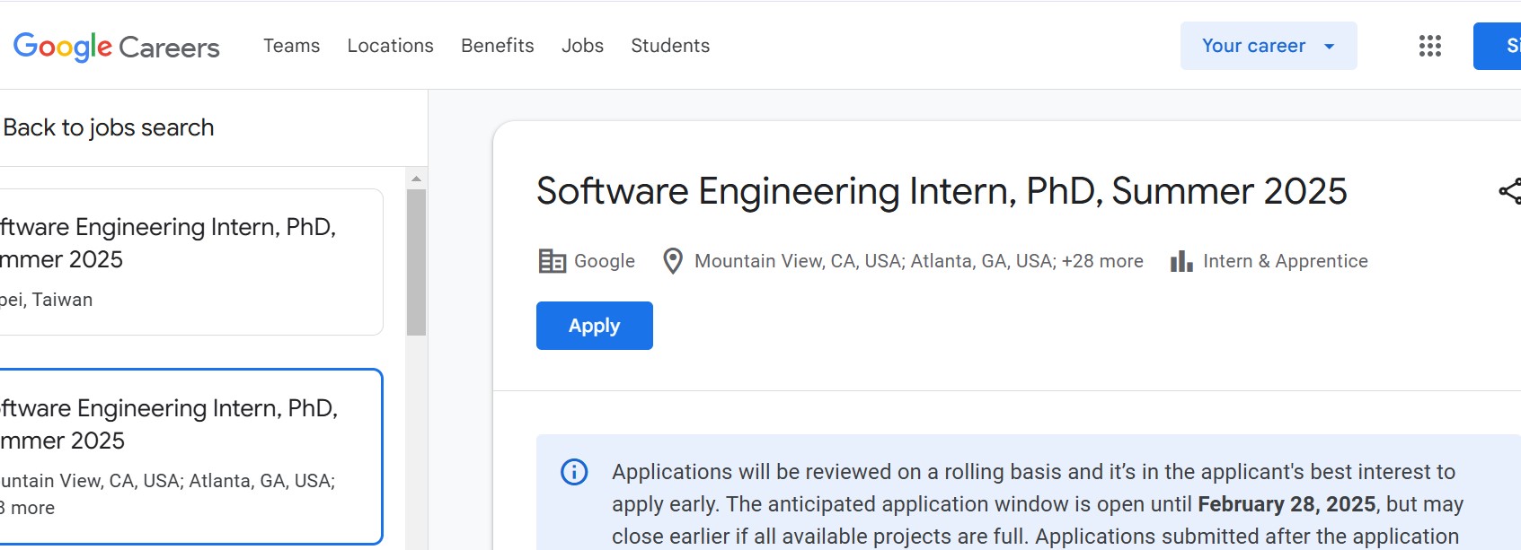 Google Software Engineering Internship